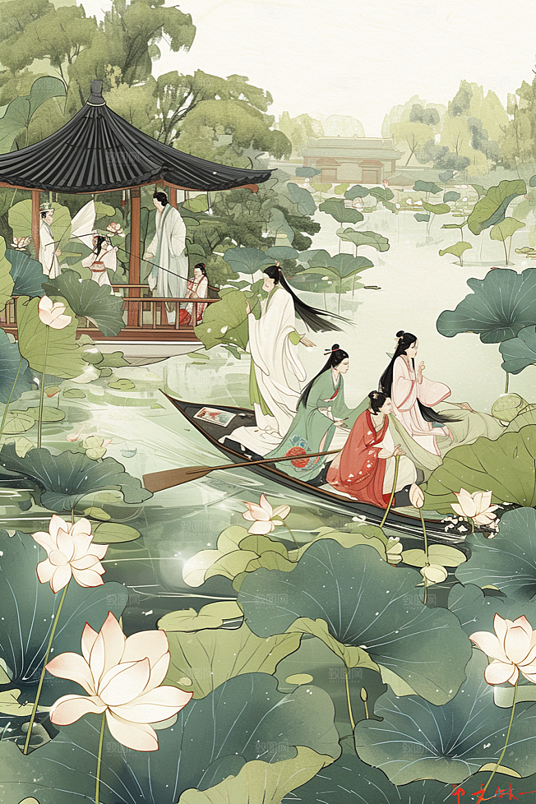 夏日赏荷景色中国风插画