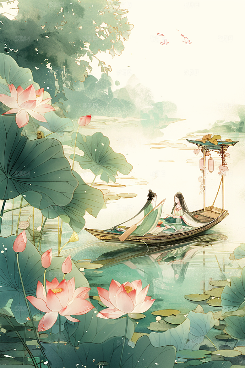 夏日赏荷手绘美景插画