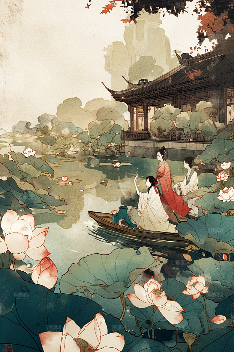 夏日赏荷景色中国风插画