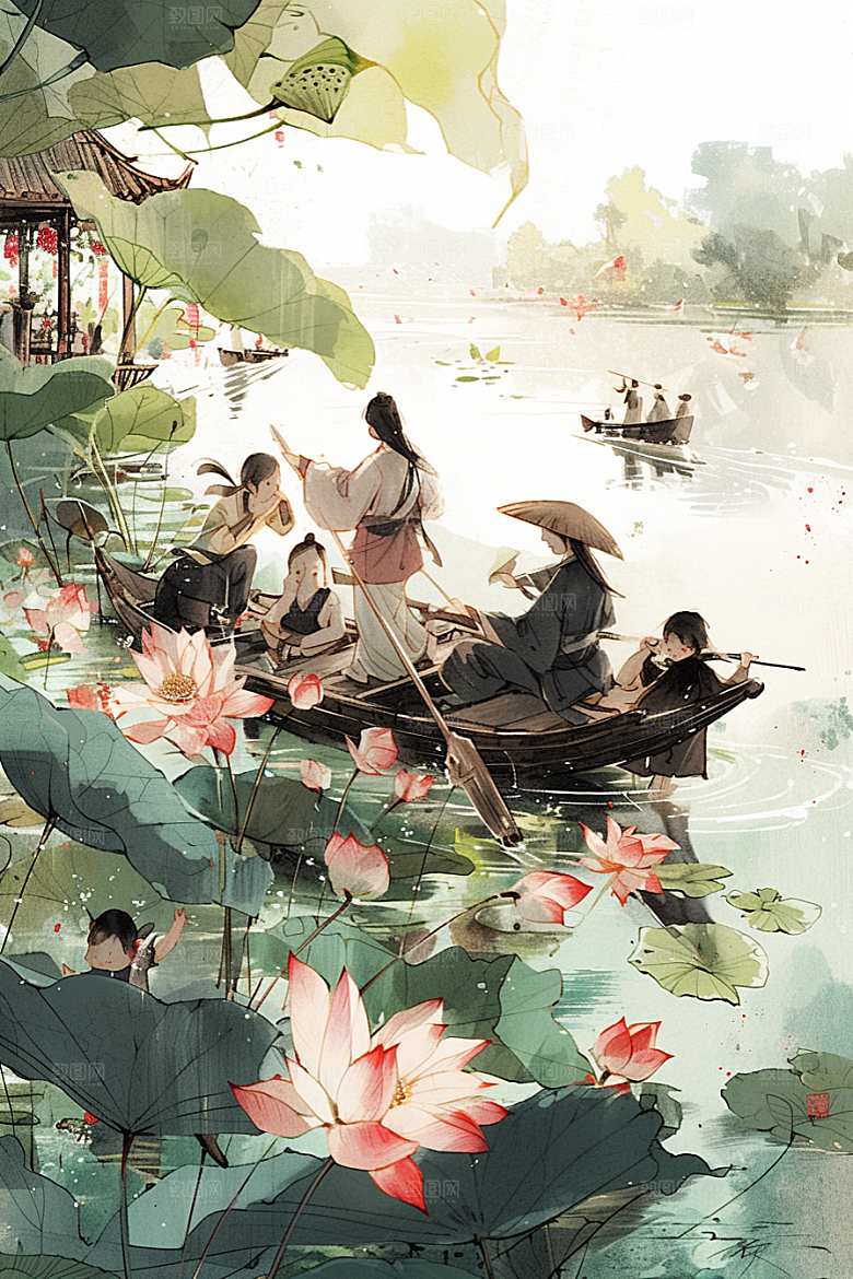 夏日赏荷游船景色插画