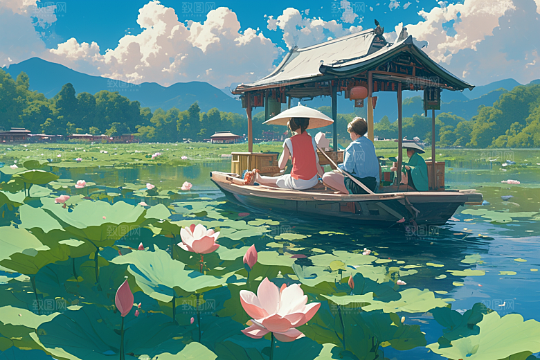 夏日赏荷景色手绘插画