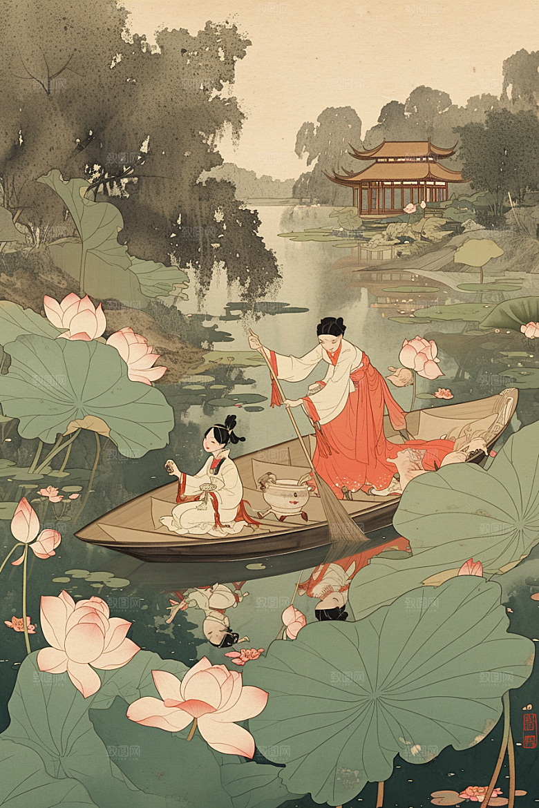 夏日赏荷夏季乘船插画