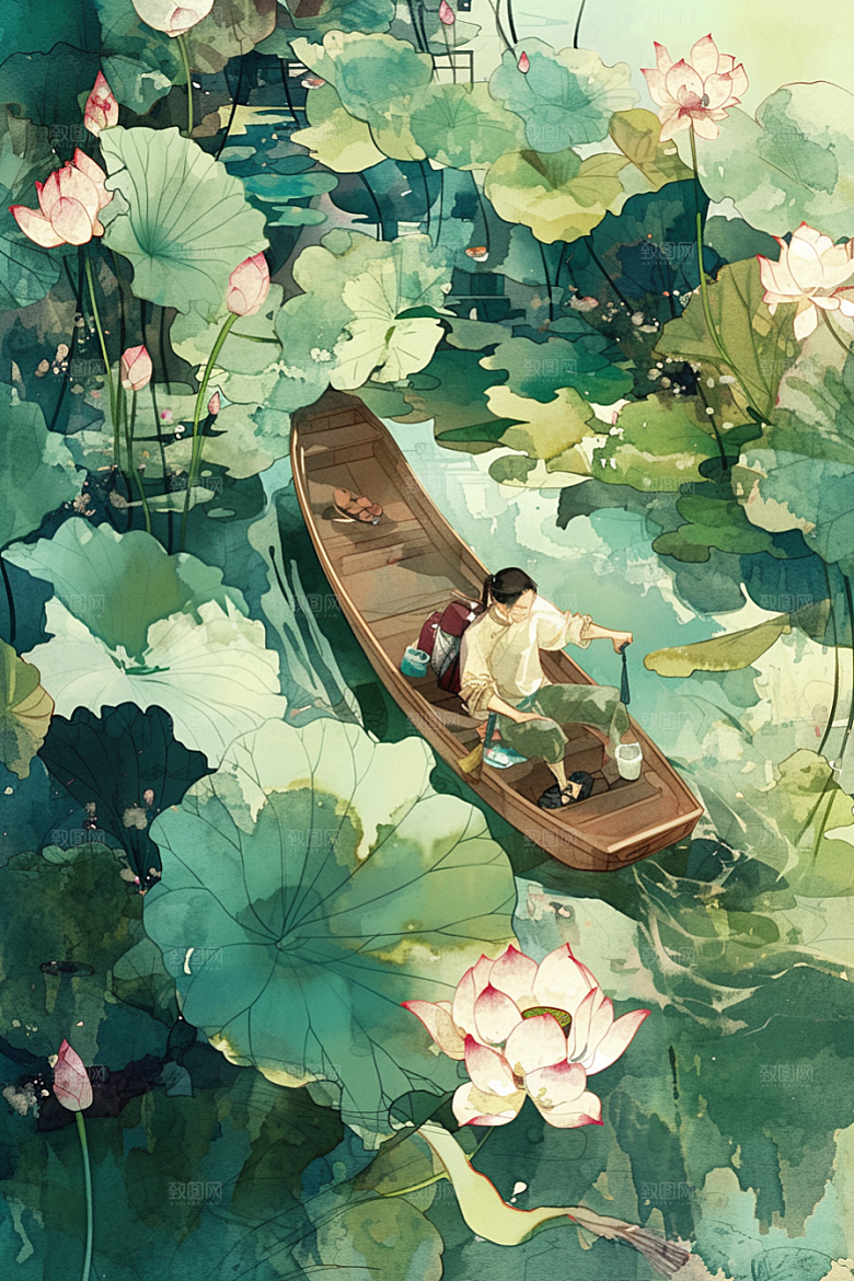 夏日赏荷手绘夏天插画