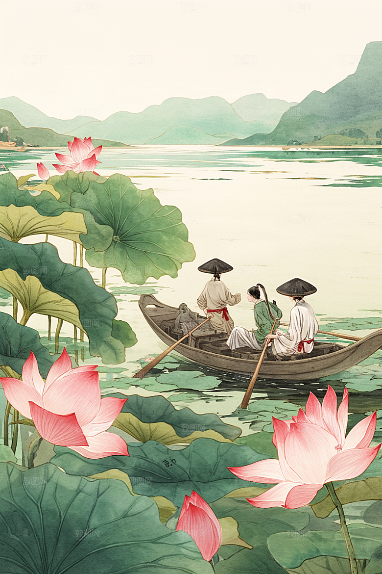 夏日赏荷池塘中国风插画