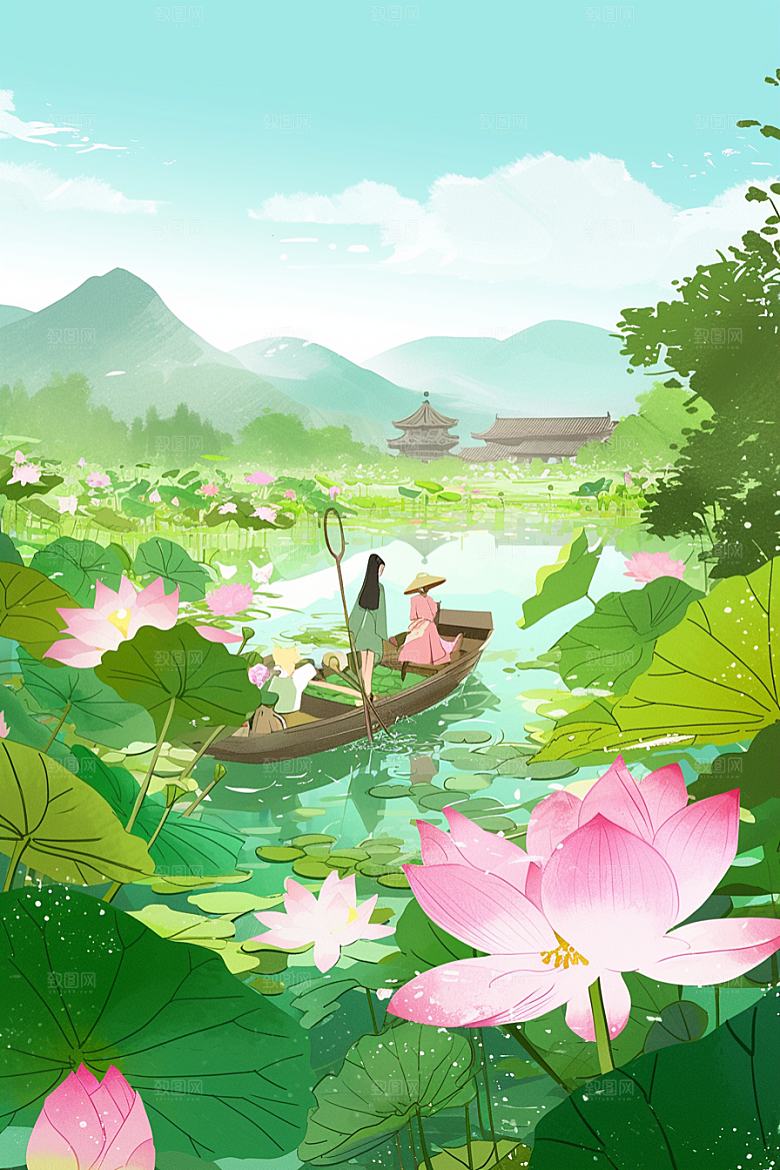 夏日赏荷美景莲华插画