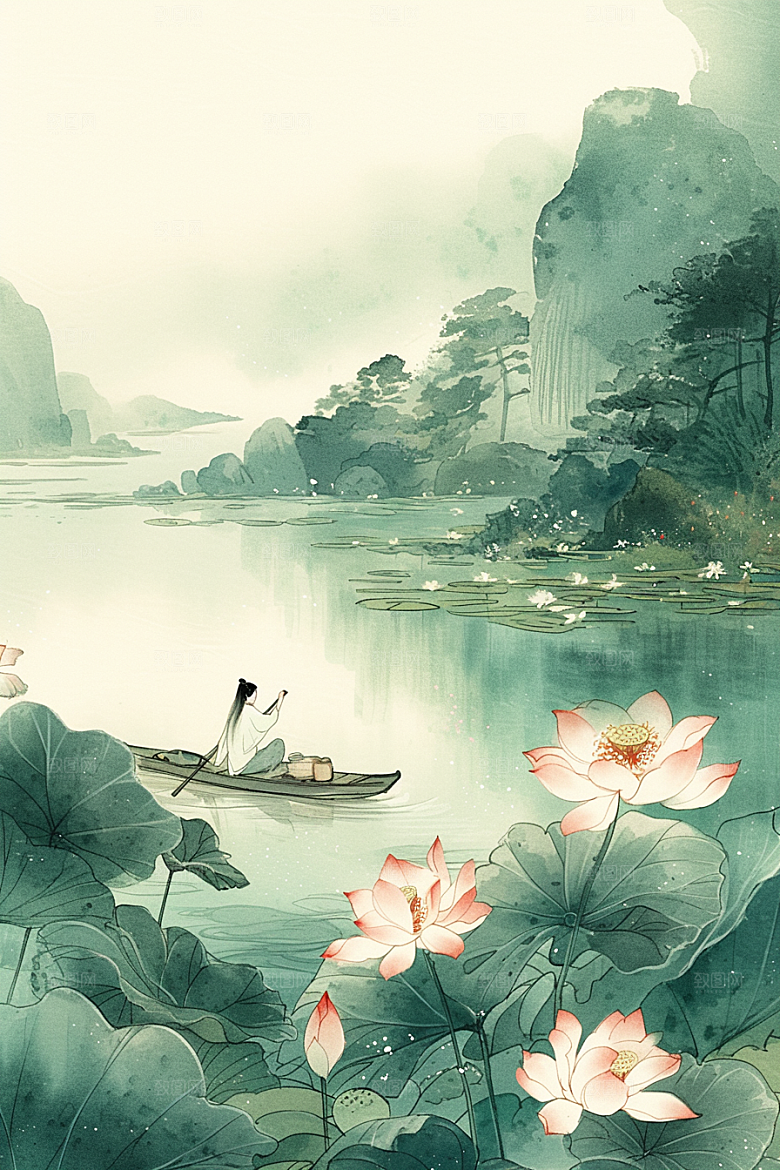 夏日赏荷夏天美景插画