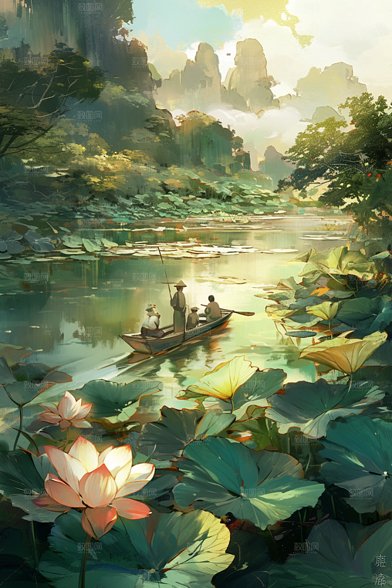 夏日赏荷美景自然插画