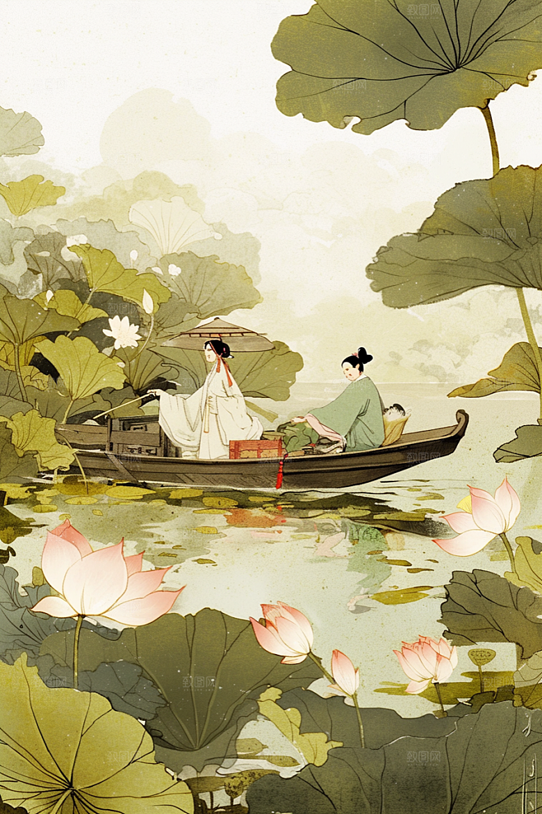 夏日赏荷乘船荷花插画