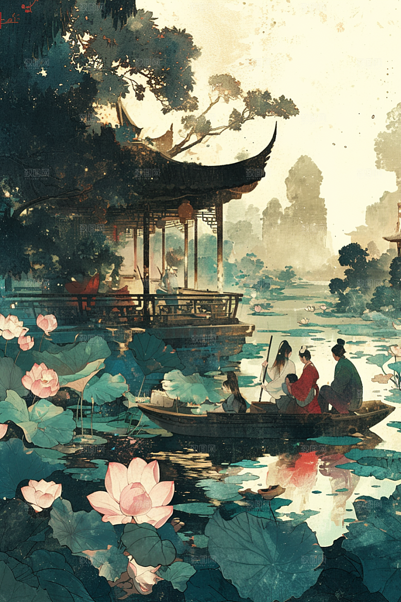 夏日赏荷池塘夏天插画