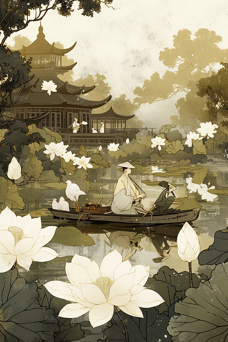 夏日赏荷自然池塘插画