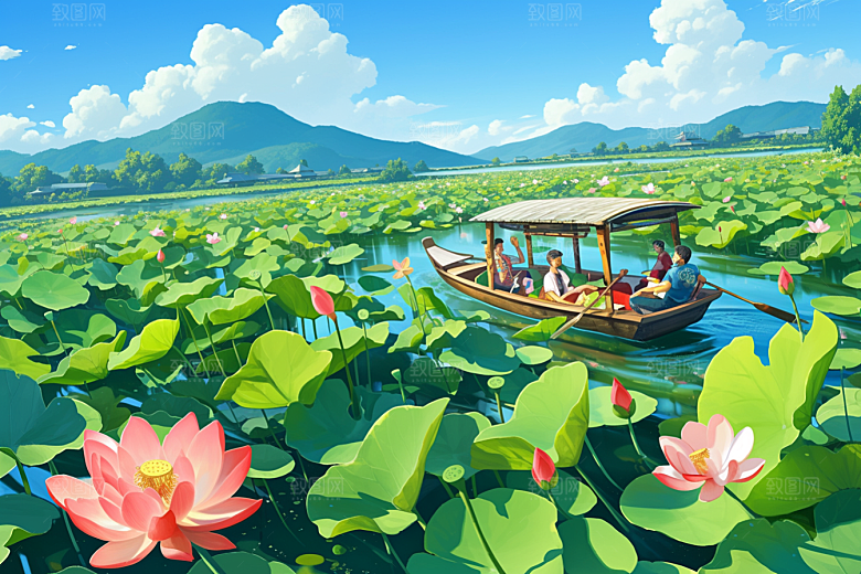 夏日赏荷池塘赏花插画
