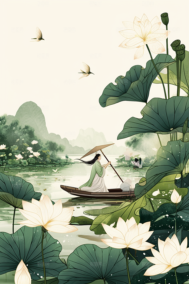 夏日赏荷手绘美景插画