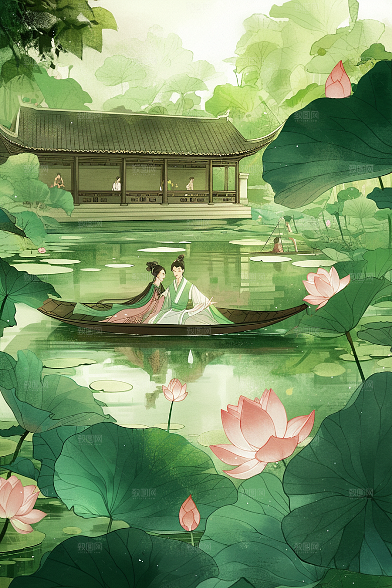 夏日赏荷夏季池塘插画