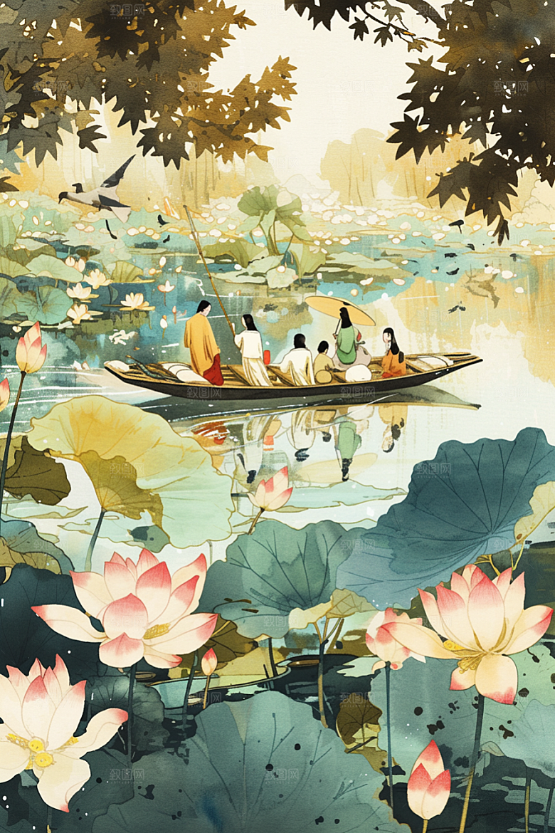 夏日赏荷游船池塘插画