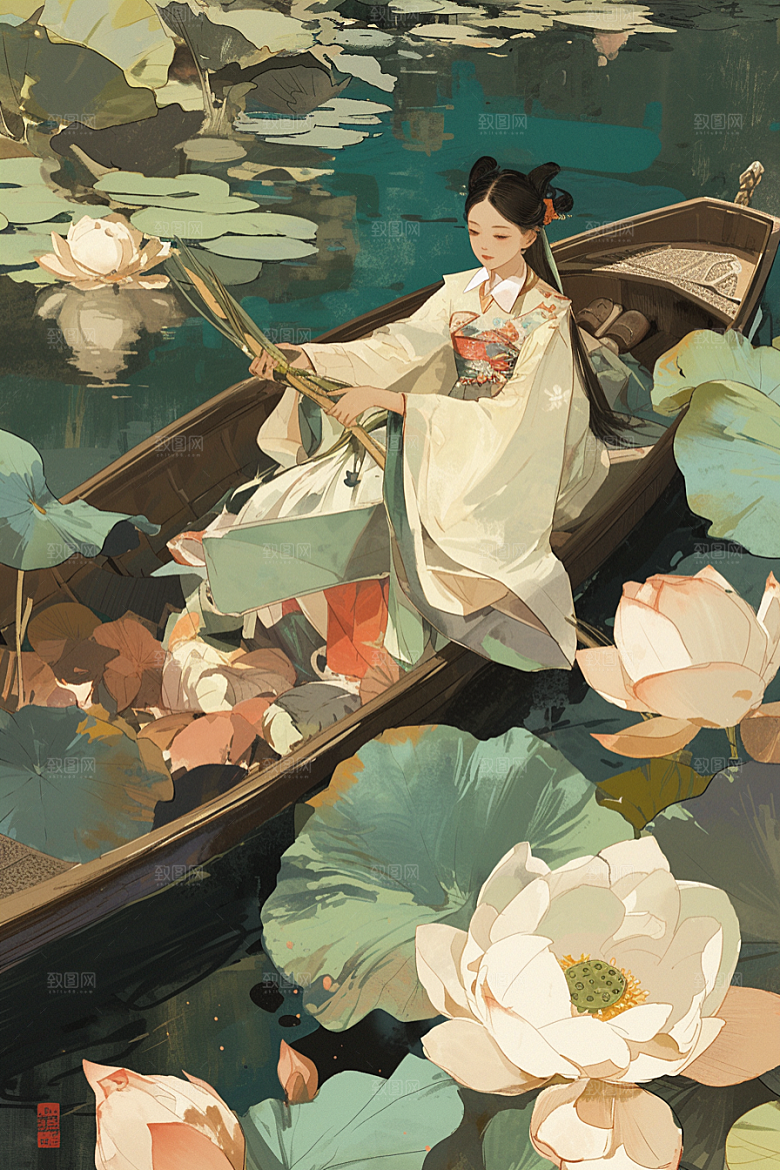 夏日赏荷乘船赏花插画