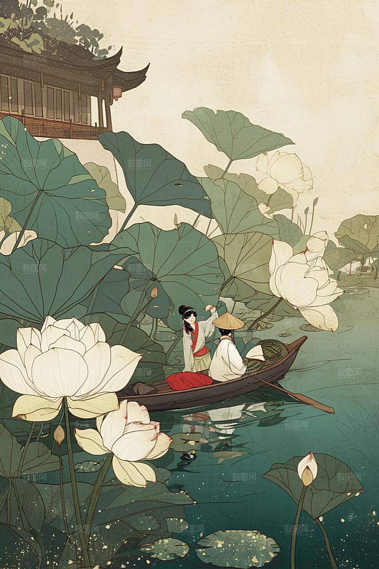 夏日赏荷夏季乘船插画