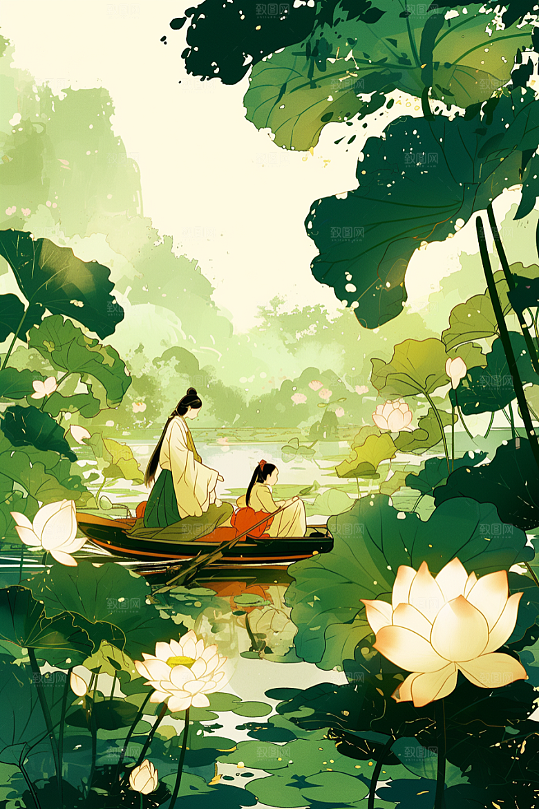 夏日赏荷美景游船插画