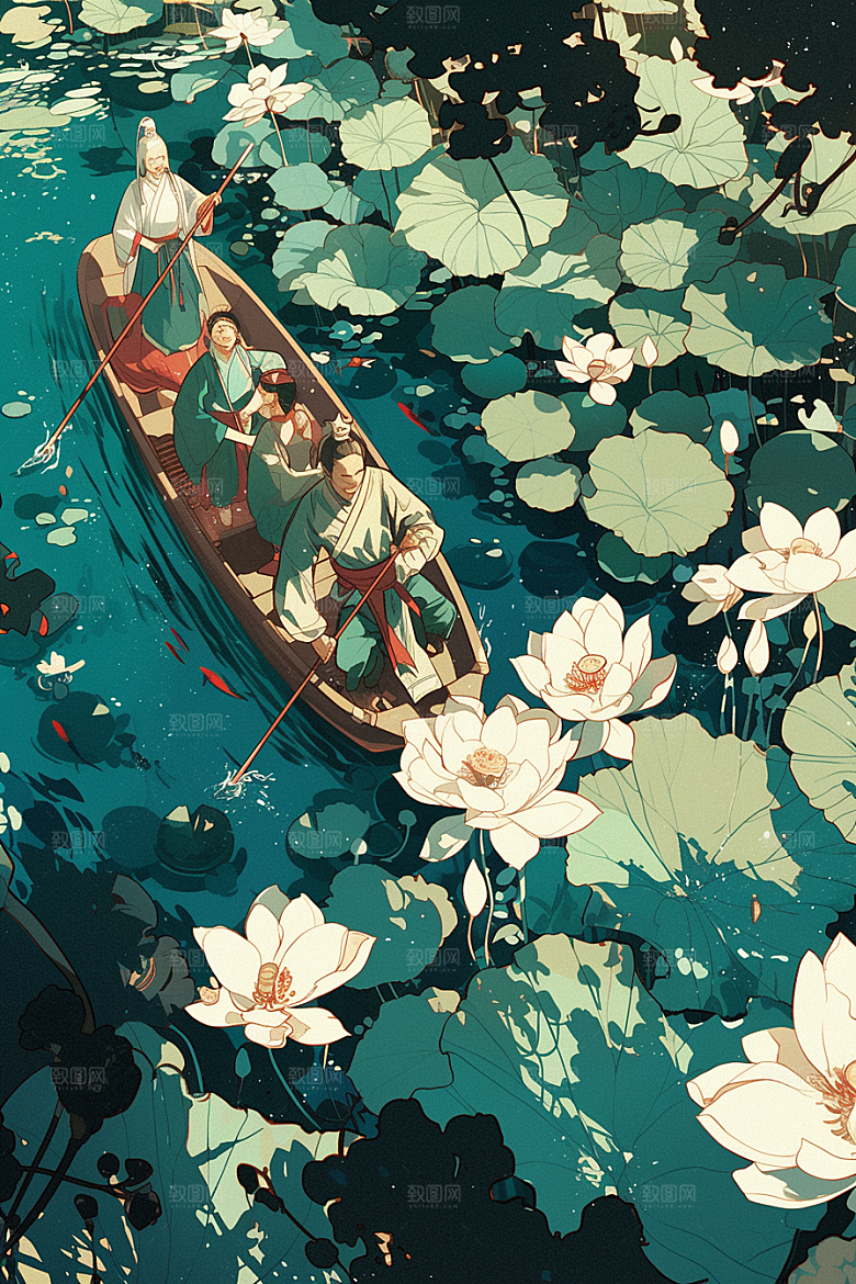 夏日赏荷游船中国风插画