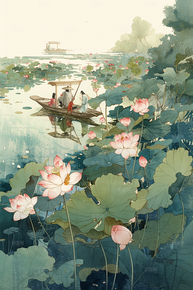 夏日赏荷莲华景色插画