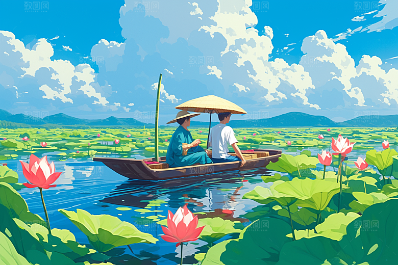夏日赏荷美景池塘插画