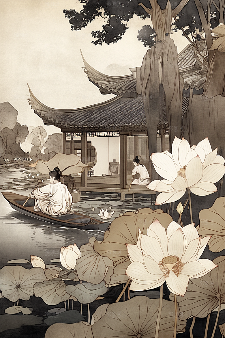 夏日赏荷夏天乘船插画