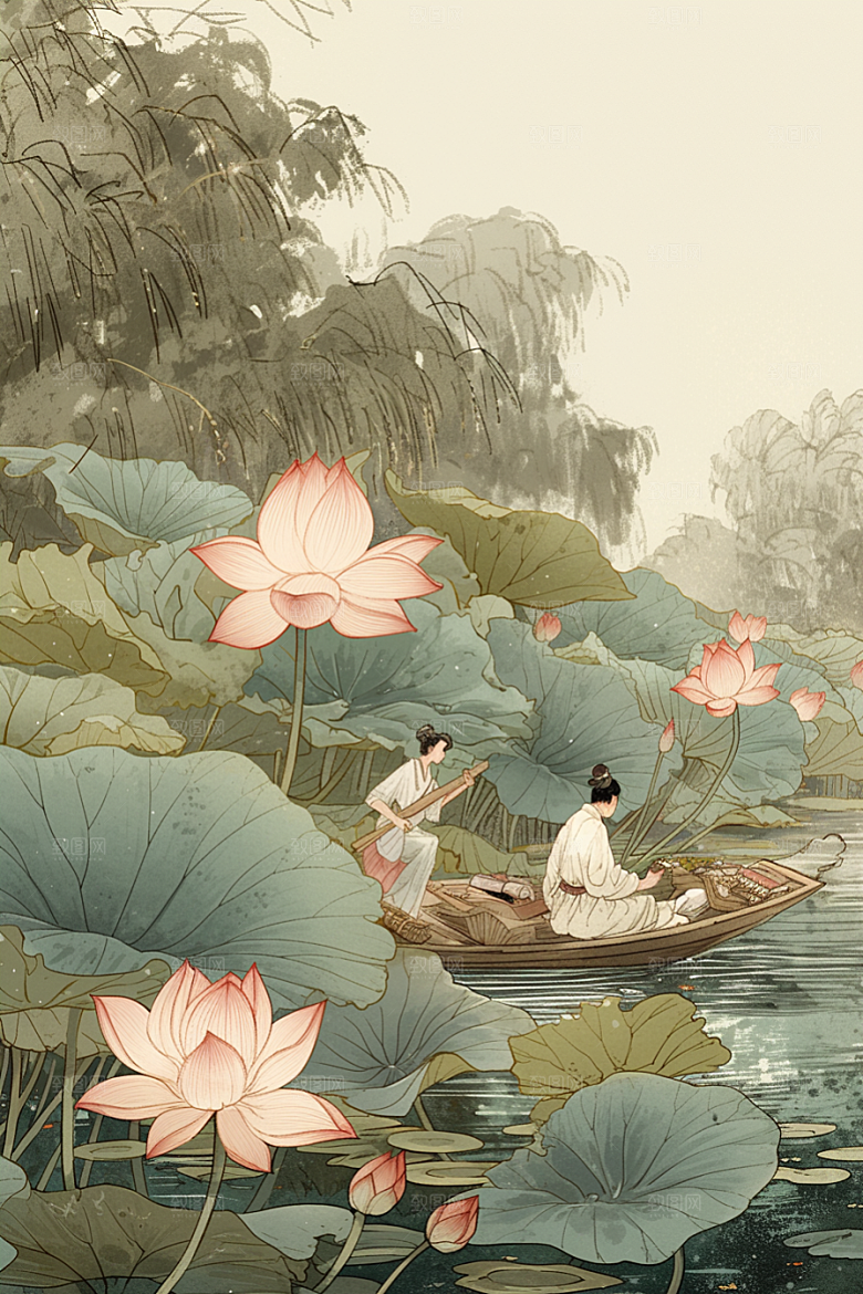 夏日赏荷乘船游船插画
