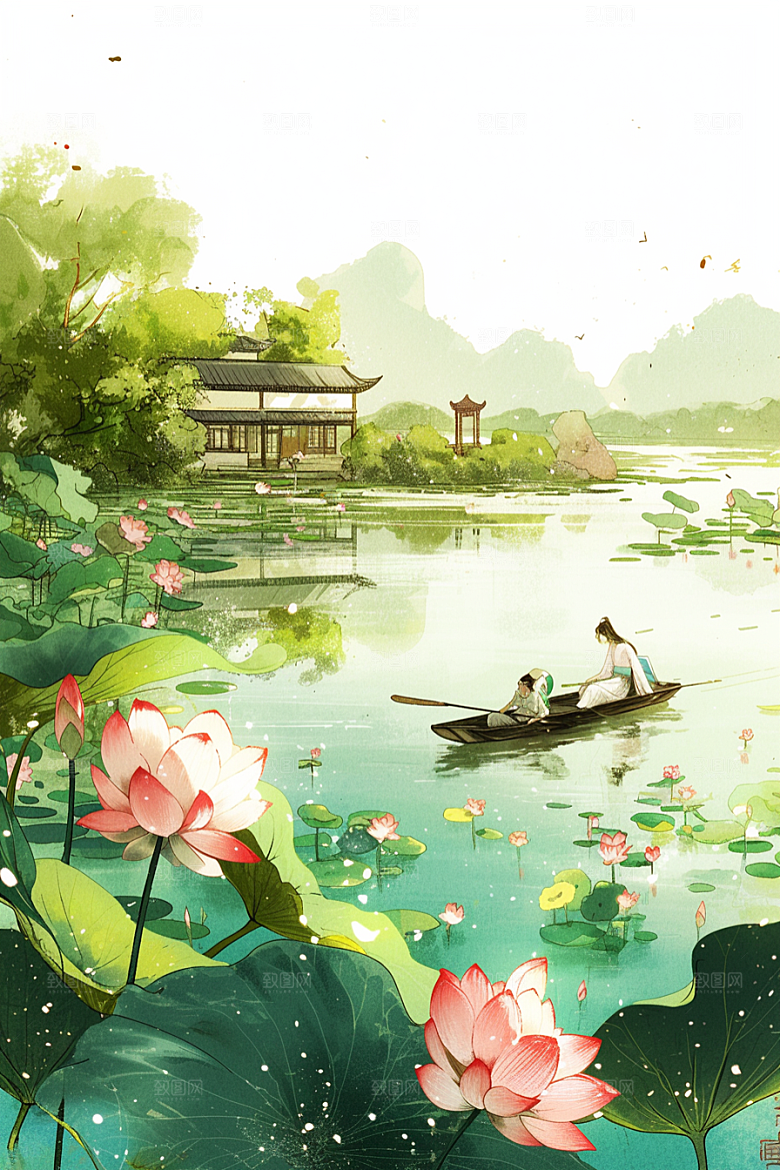 夏日赏荷景色手绘插画