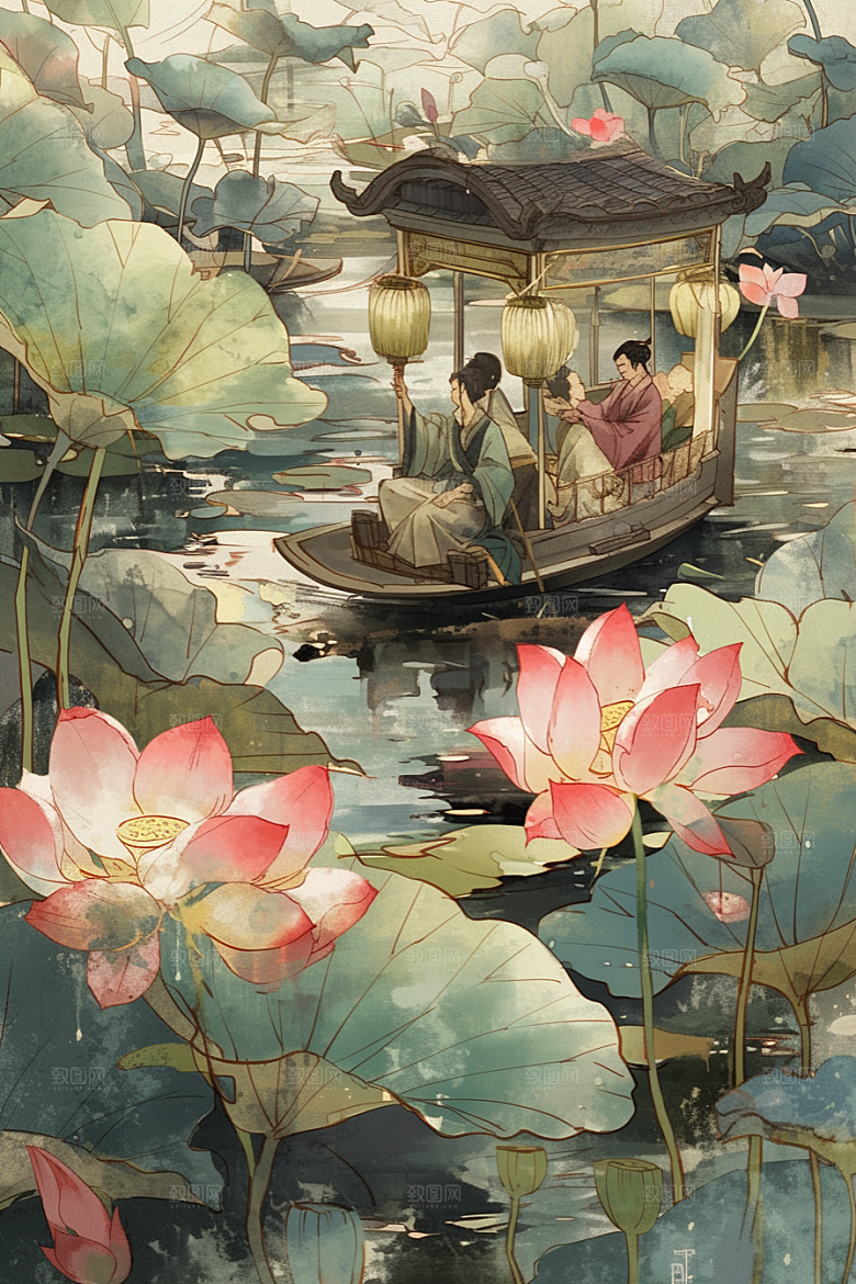 夏日赏荷自然乘船插画