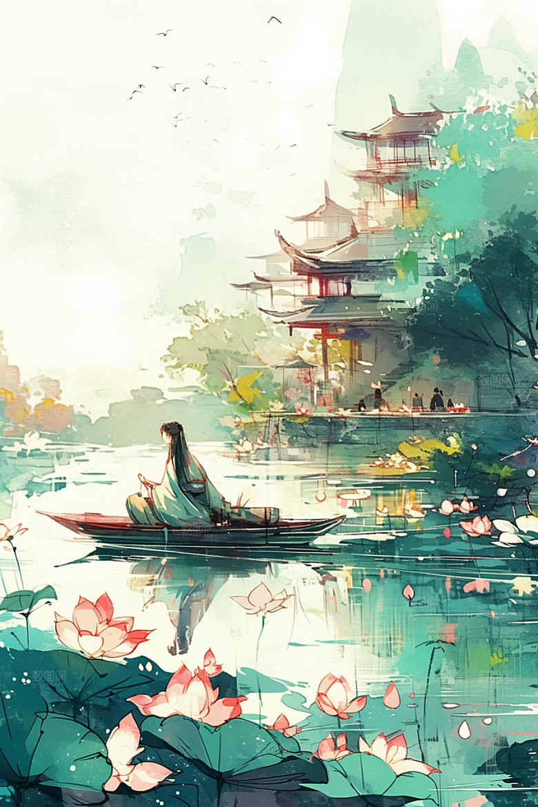 夏日赏荷美景游船插画