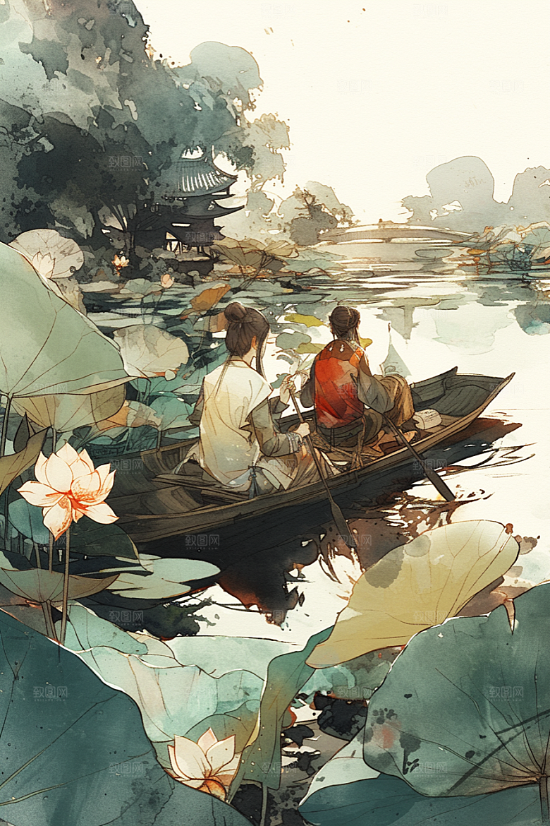 夏日赏荷赏花乘船插画