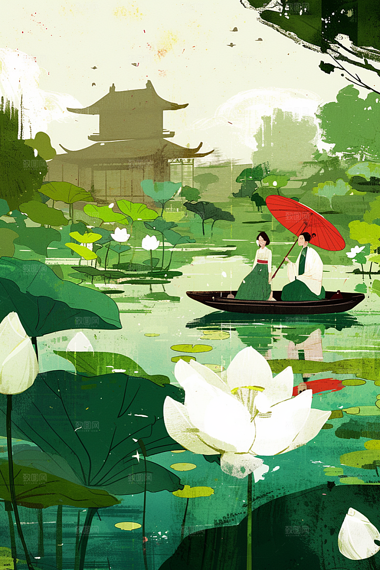 夏日赏荷池塘游船插画