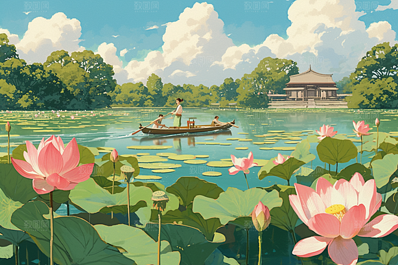 夏日赏荷夏天游船插画