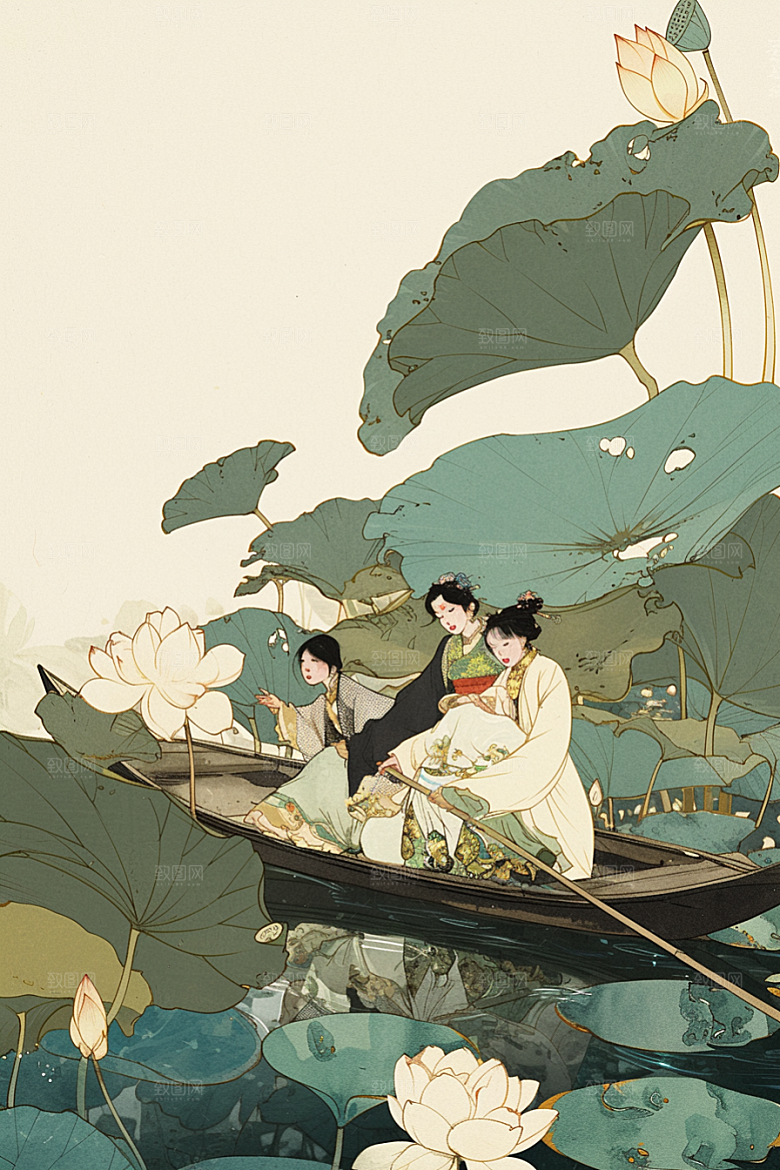 夏日赏荷自然乘船插画