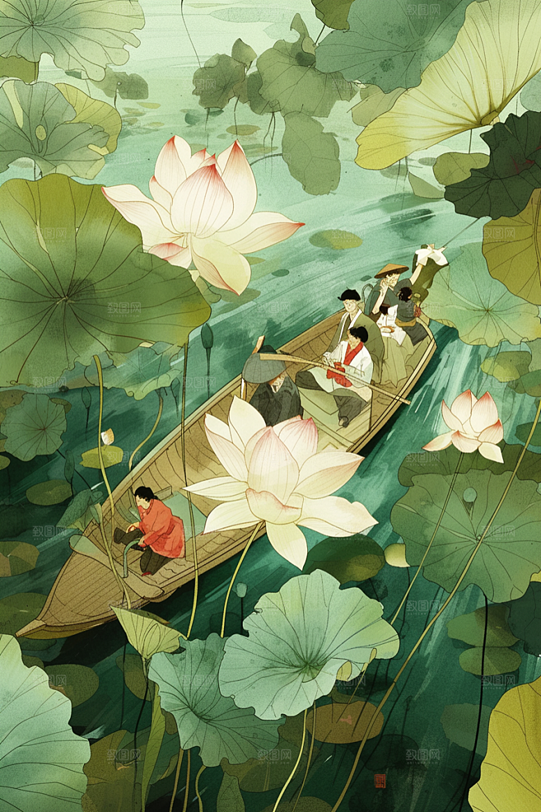 夏日赏荷夏天美景插画