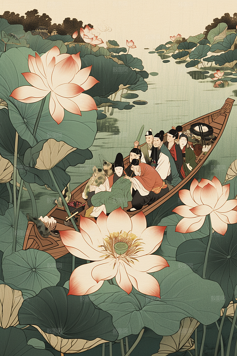 夏日赏荷乘船中国风插画