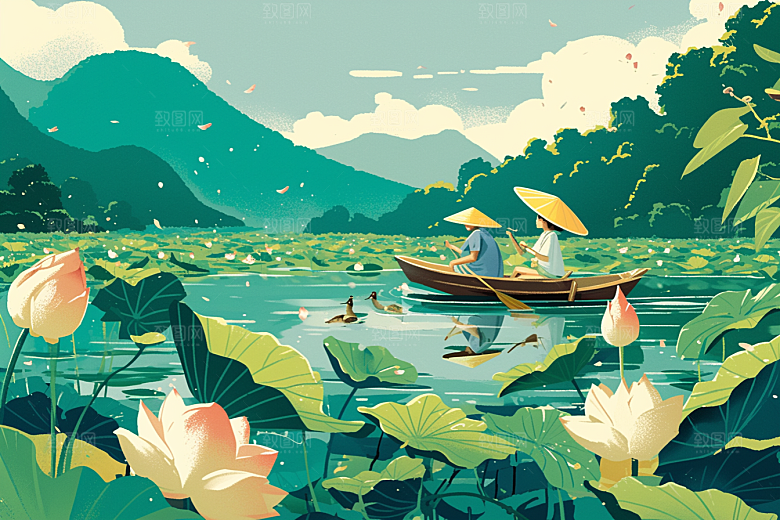 夏日赏荷池塘夏天插画