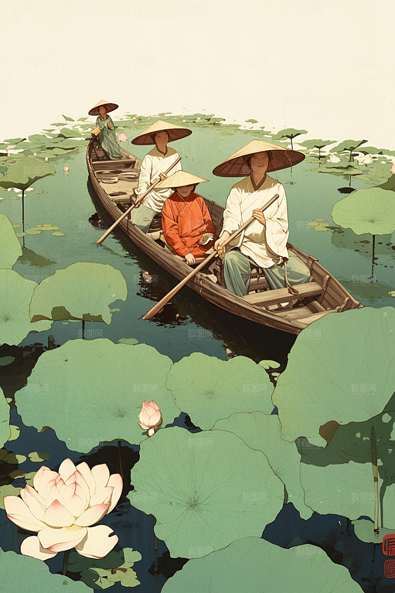夏日赏荷夏季景色插画