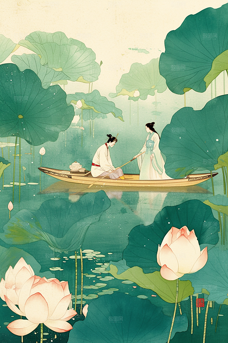 夏日赏荷乘船景色插画