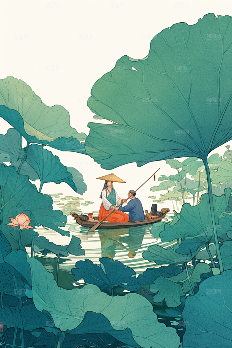 夏日赏荷高清美景插画