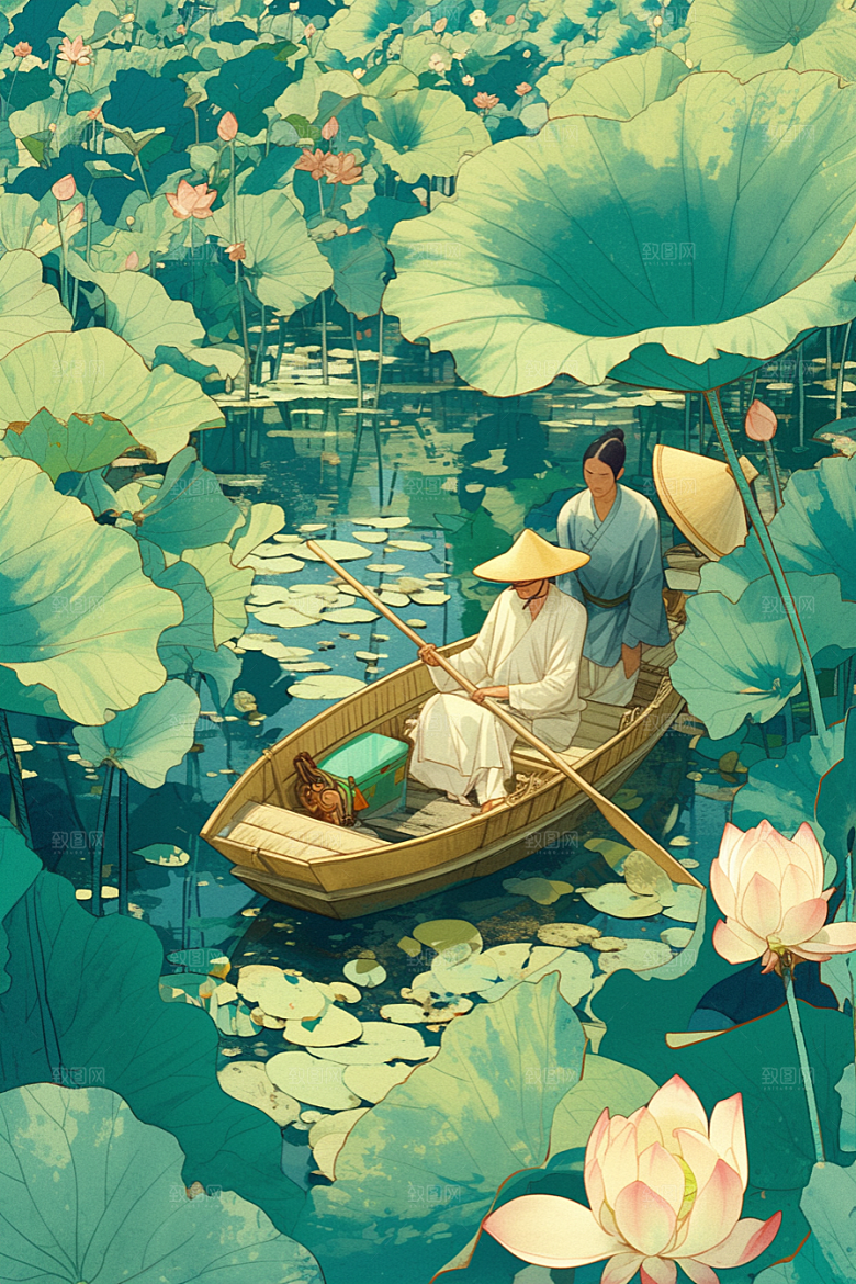 夏日赏荷游船赏花插画