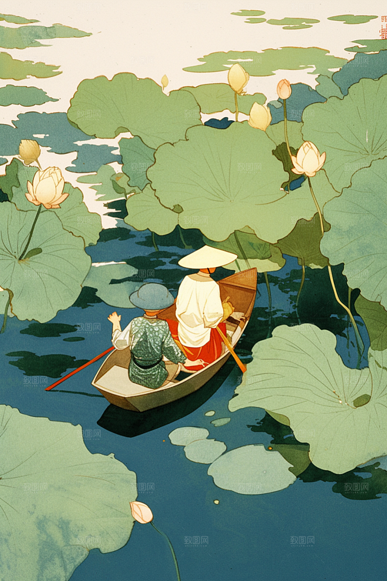 夏日赏荷美景乘船插画