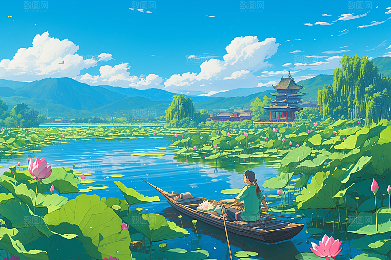 夏日赏荷莲华游船插画