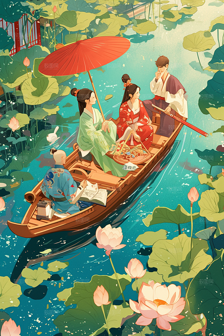 夏日赏荷夏天乘船插画