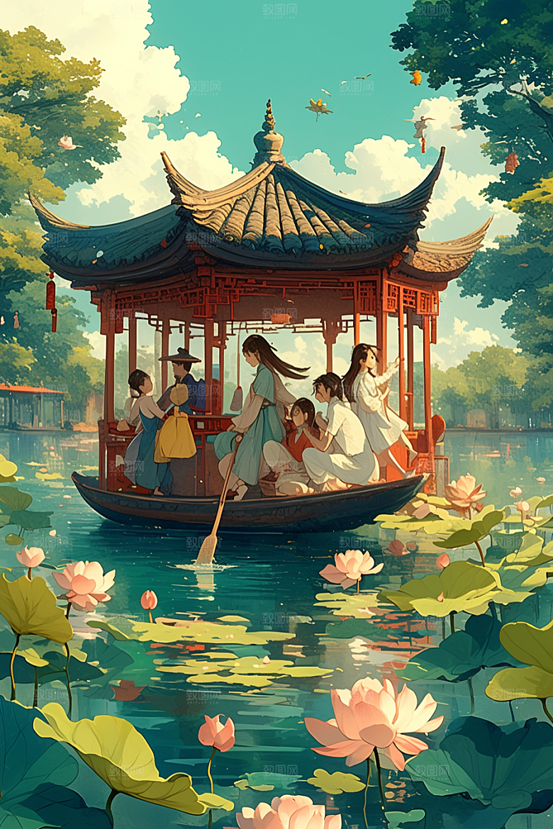 夏日赏荷莲华中国风插画