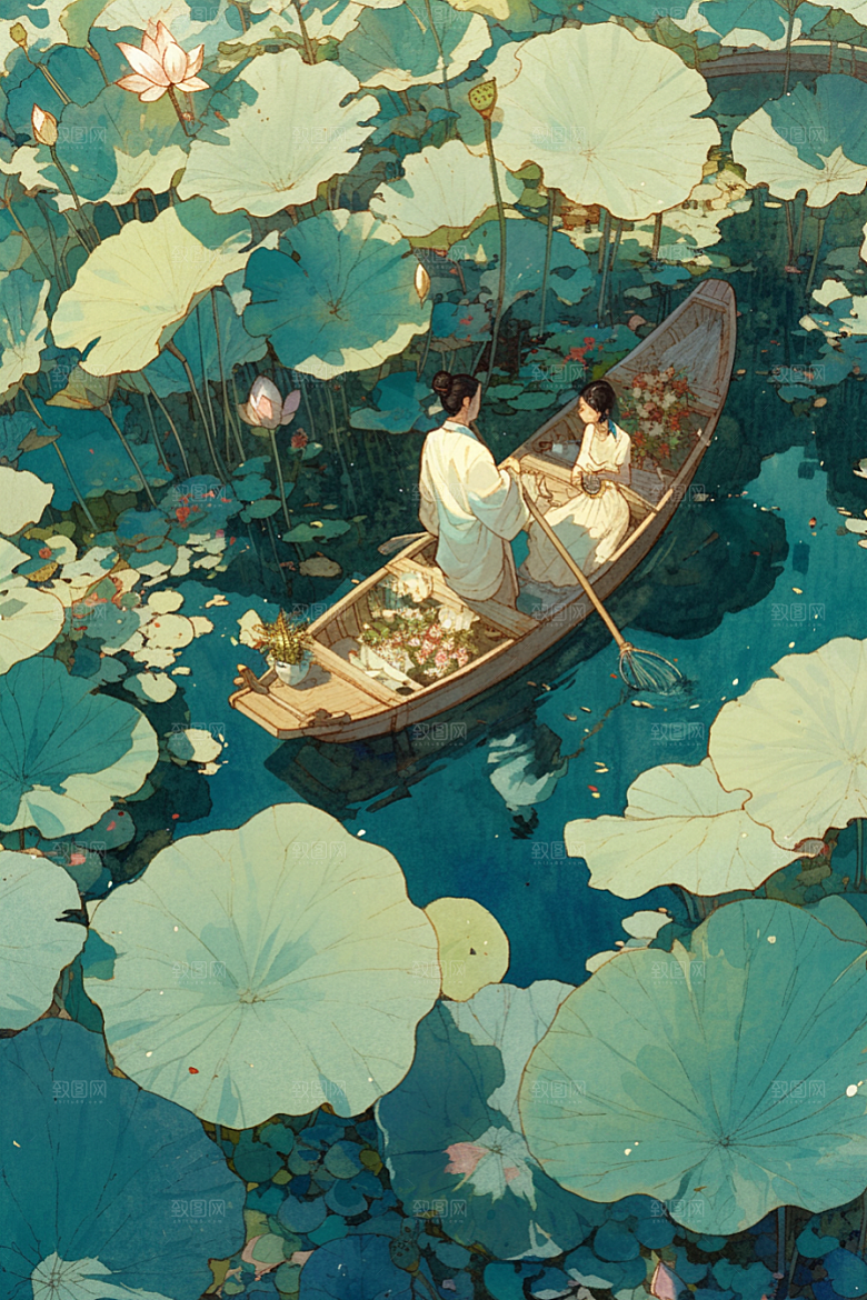 夏日赏荷景色莲华插画