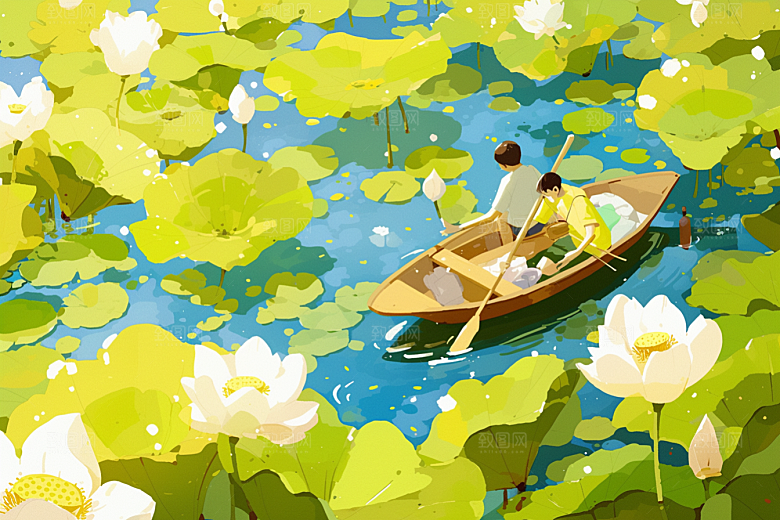 夏日赏荷池塘中国风插画
