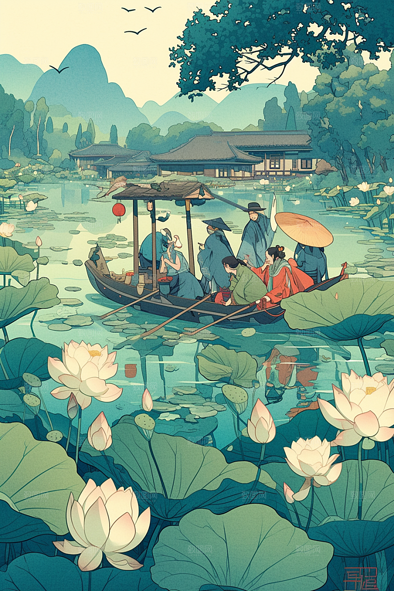 夏日赏荷中国风景色插画