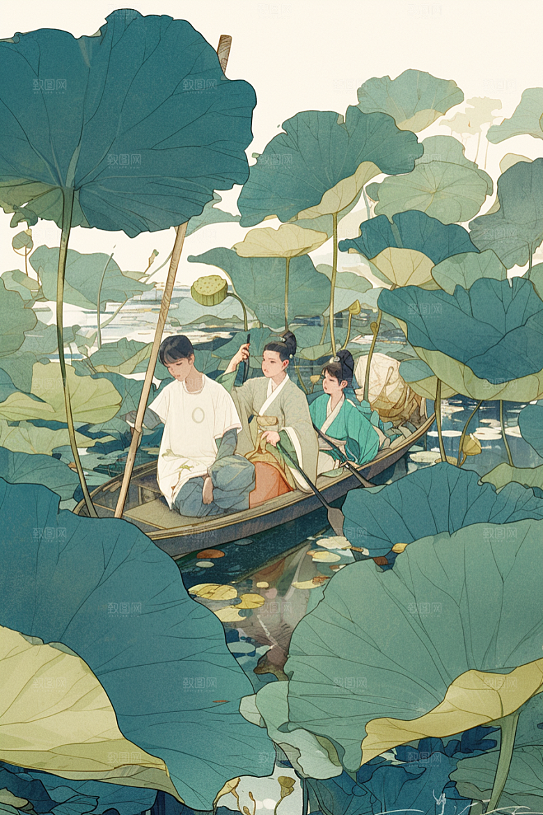 夏日赏荷中国风荷塘插画