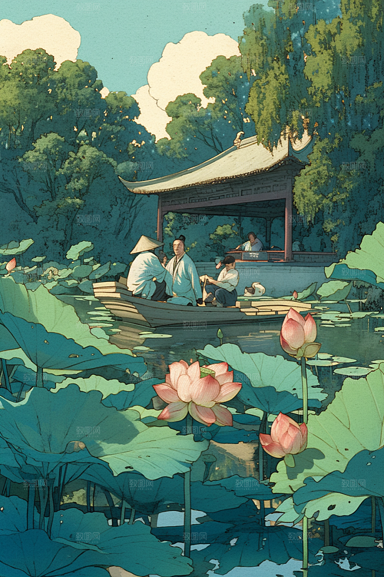 夏日赏荷夏天莲华插画