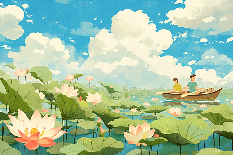 夏日赏荷美景景色插画